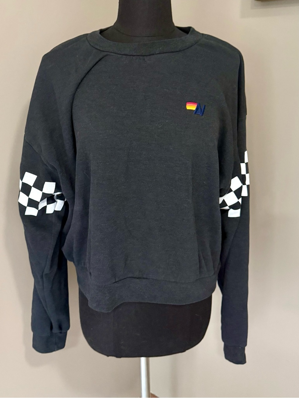 Aviator Nation Black Crewneck Sweatshirt with Checker Sleeve and Rainbow Logo